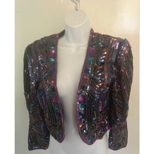 Vintage Joan Leslie Silk Bolaro Jacket Jewel Embellished Multicolor Jacket MED